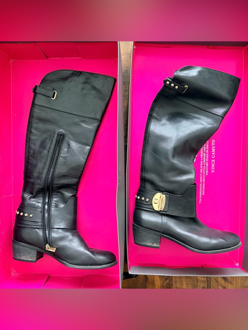 Vince Camuto Beatrix Black Leather Over-the-Knee Boots with Gold Studs & Buckle